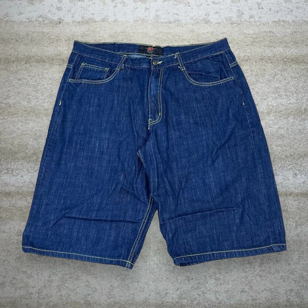 Vintage Y2K Skater Jean Shorts 38x14 Baggy Wide Leg Dark Wash 14" Inseam Jorts - Picture 2 of 4